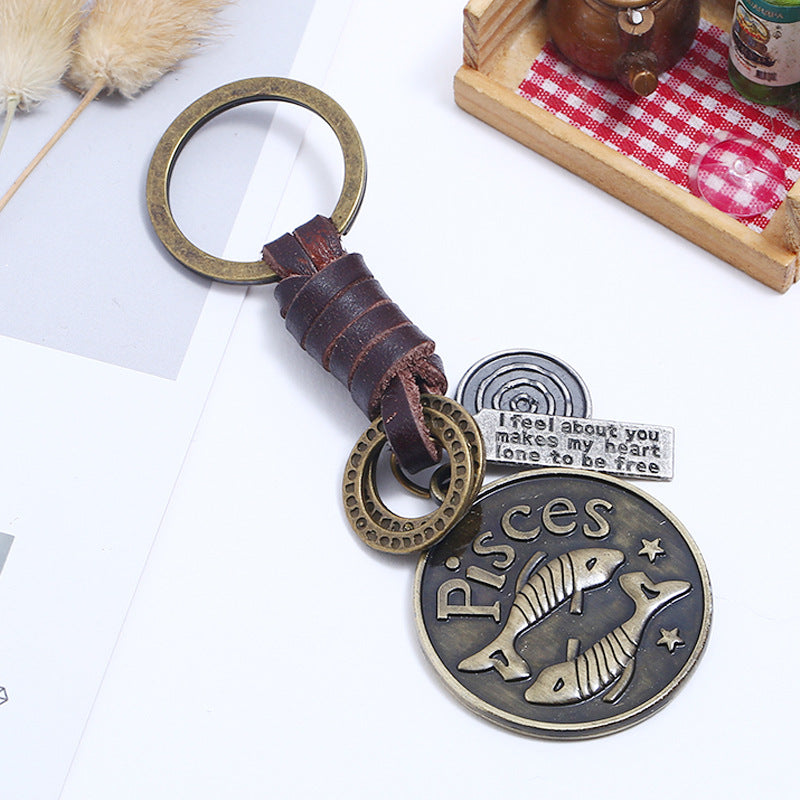 Wholesale Retro Woven 12 Constellation Cowhide Keychain